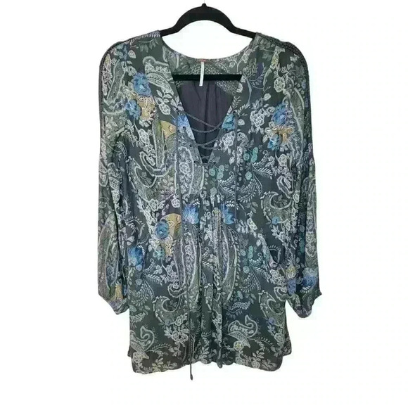 Free People Dress Size S Rain Shine Mini Tunic Boho Floral Paisley Oversized - Picture 1 of 16